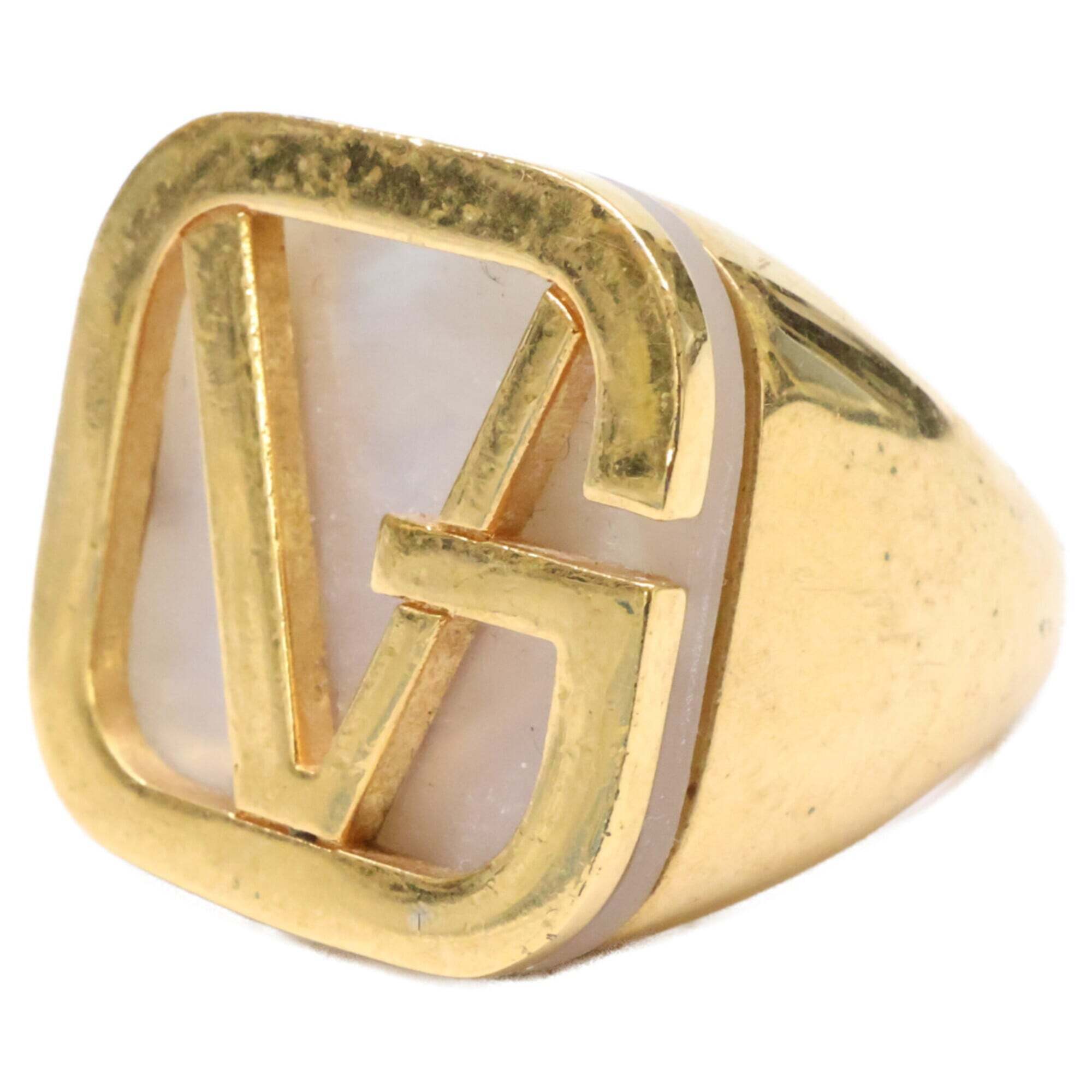 Versace Gv Logo Mother-Of-Pearl Ring, Size 15, Gold Color, Men's